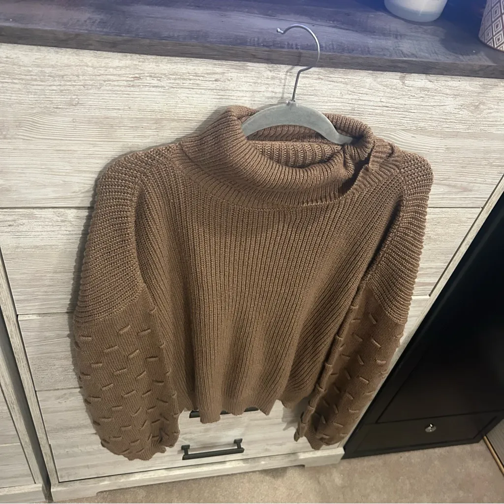 Cozy Textured Sleeve Turtleneck Sweater
Size: Large Color: Warm Camel Brown - Image 2