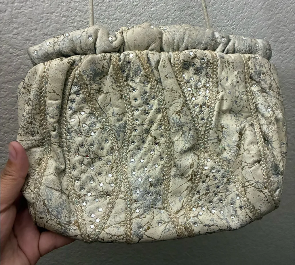 Vintage Rita Diana Elegant for Mylinka CreamWith Crystals Cinch Leather Bag Gray - Image 1