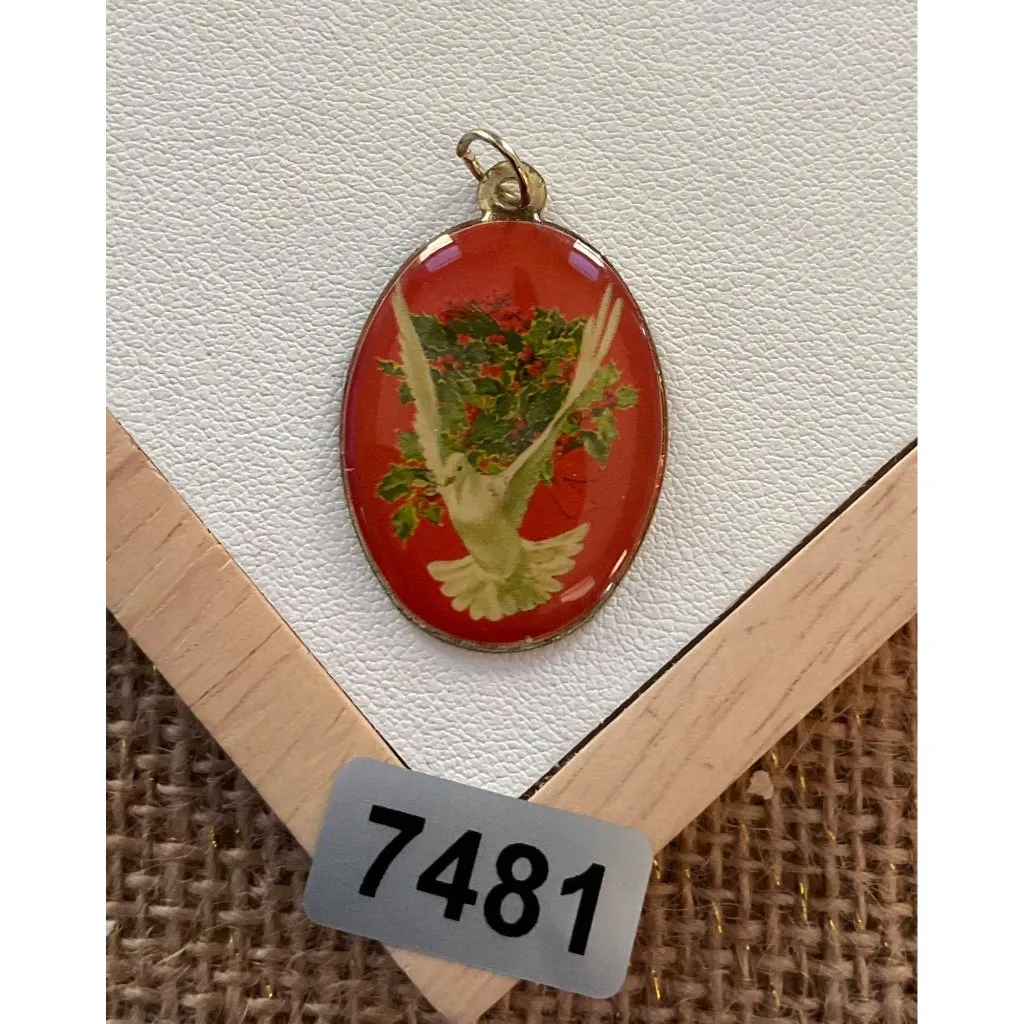 Vintage Brass Oval Pendant With White Dove & Holly Design - Image 5