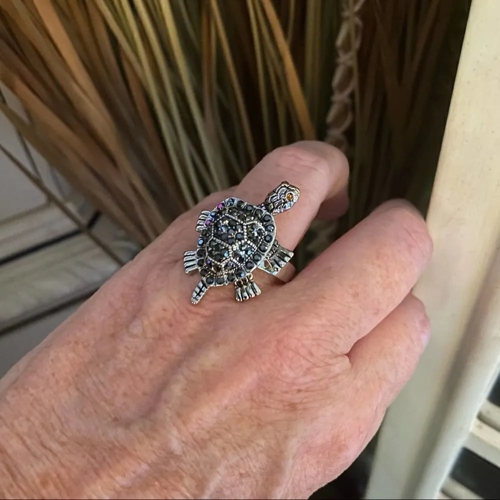 Turtle Brass Rhodium Crystal Moveable Ring sizes 8,9,10 Silver - Image 6