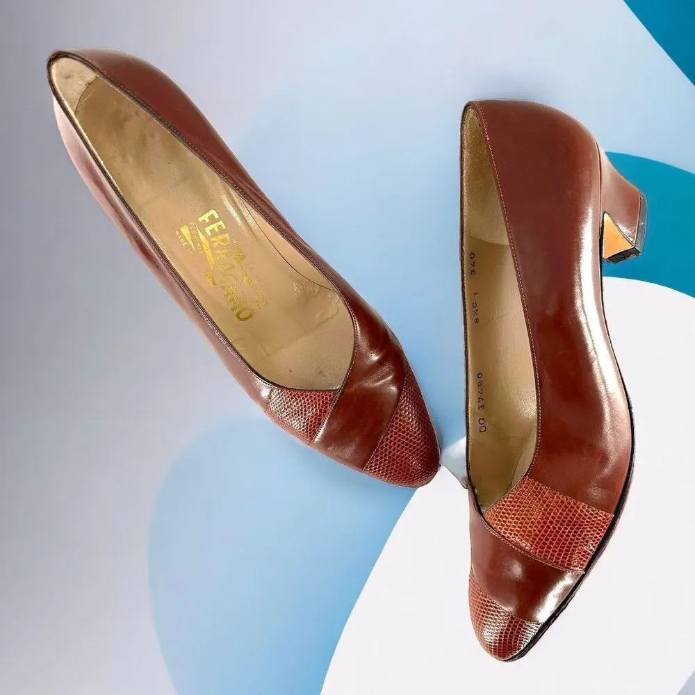 Salvatore Ferragamo Brown Leather Mid Heel Pumps Size 8.5 C - Image 2