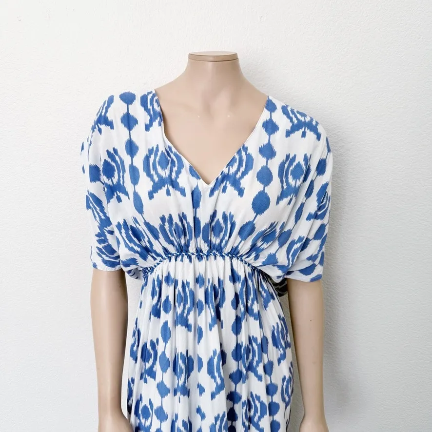 [World Market] Blue Geometric Print Kaftan Coverup Short Sleeve Maxi Dress L/XL - Image 3