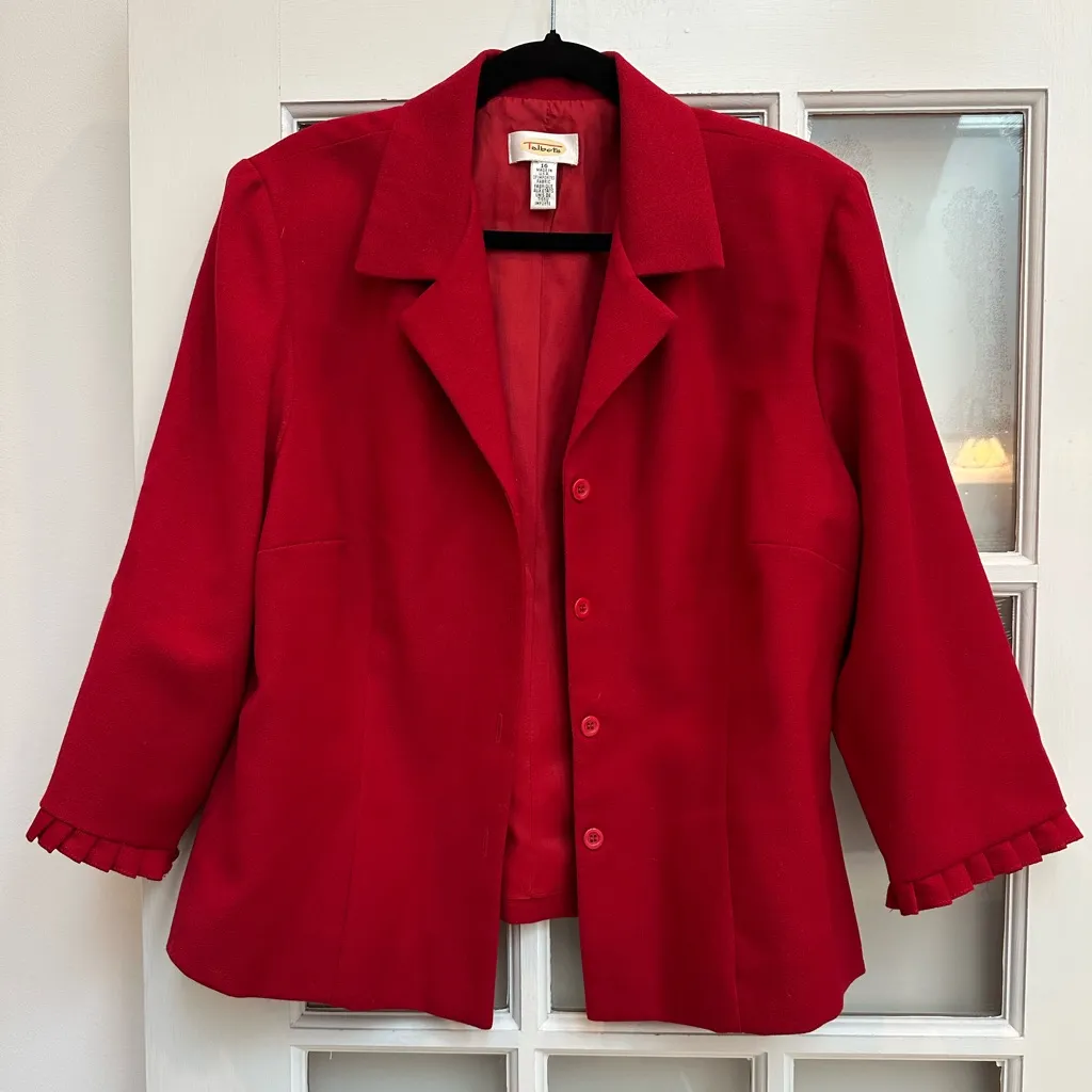 Vintage Talbots 100% Wool Bold Ruby Red Blazer Jacket Ruffled Cuffs Size 16 - Image 10
