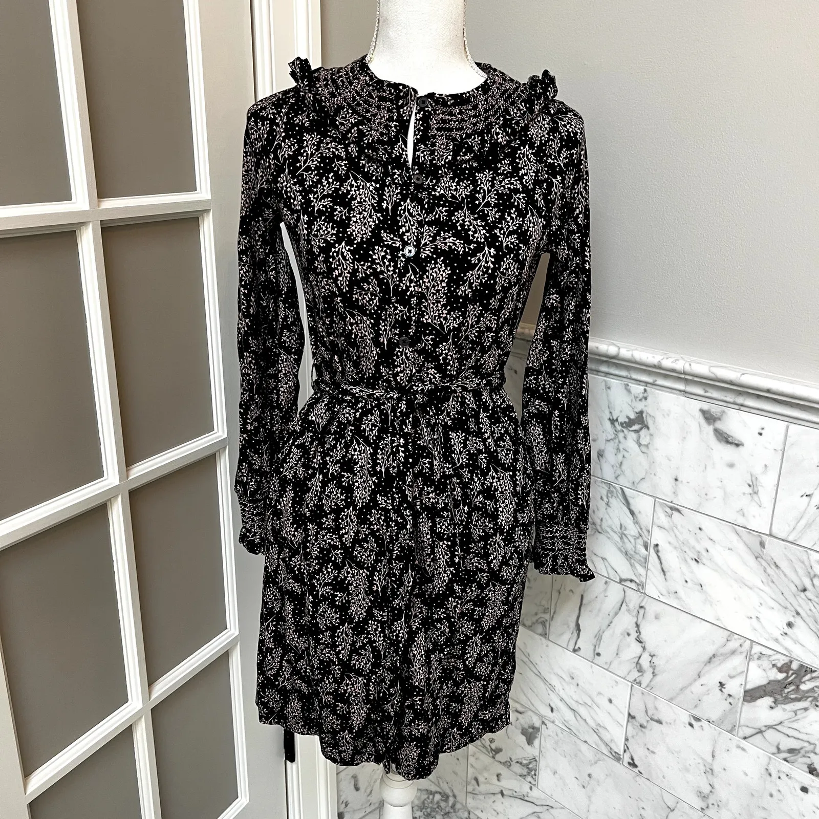 Boden Cotton Jersey Smocked Milkshake Leaf Sprig Fall Floral Size 6 R Dress Black - Image 3