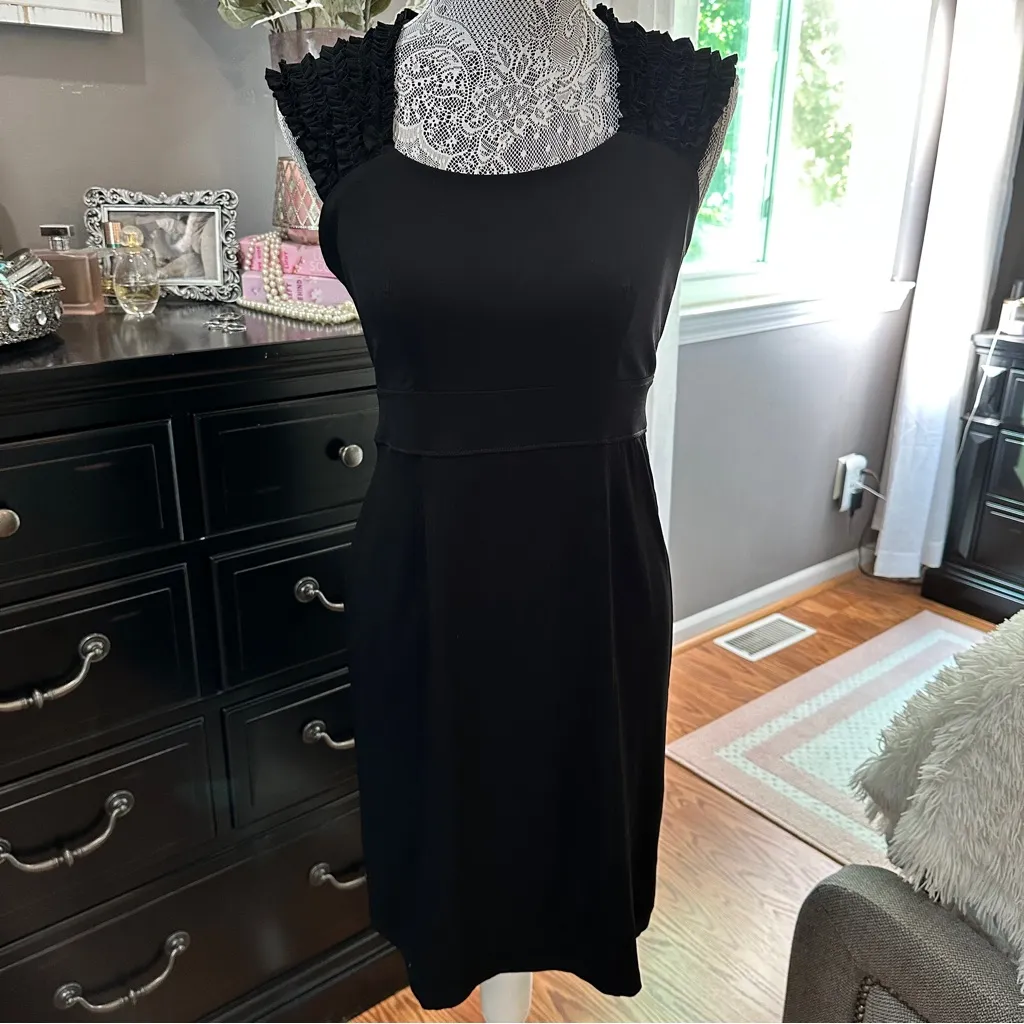 Saint Tropez West Black Ruffle Sleeve Sheath Size 8 Minimalist Quiet Luxury LBD - Image 2