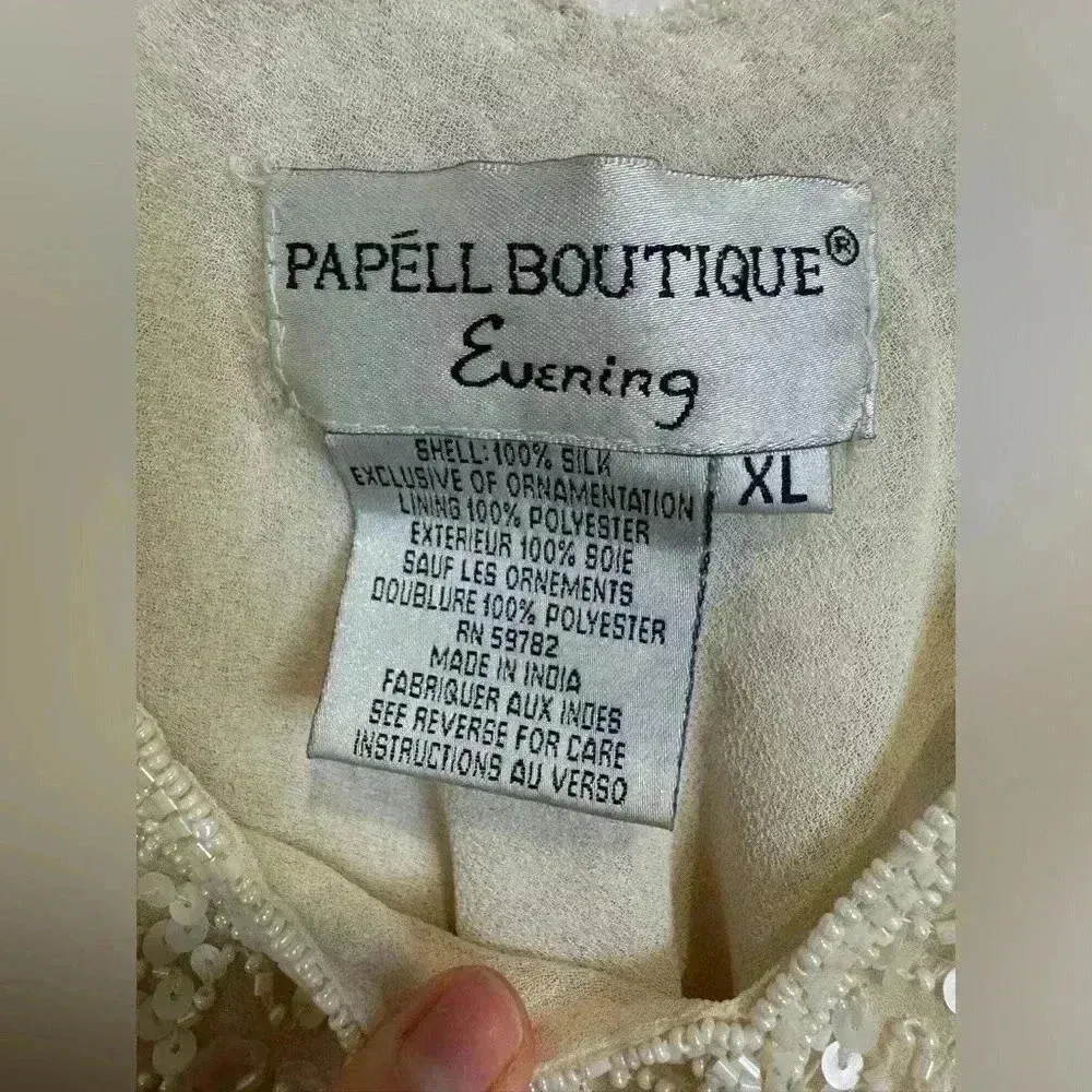 Vintage Papell Boutique Women’s Sequin Beaded Split Flutter Sleeve Silk Blouse - Image 4