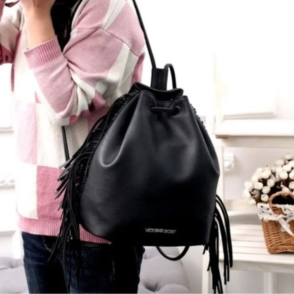 Victoria's Secret Limited Edition Black Faux Leather Boho‎ Fringe Backpack NWOT - Image 6