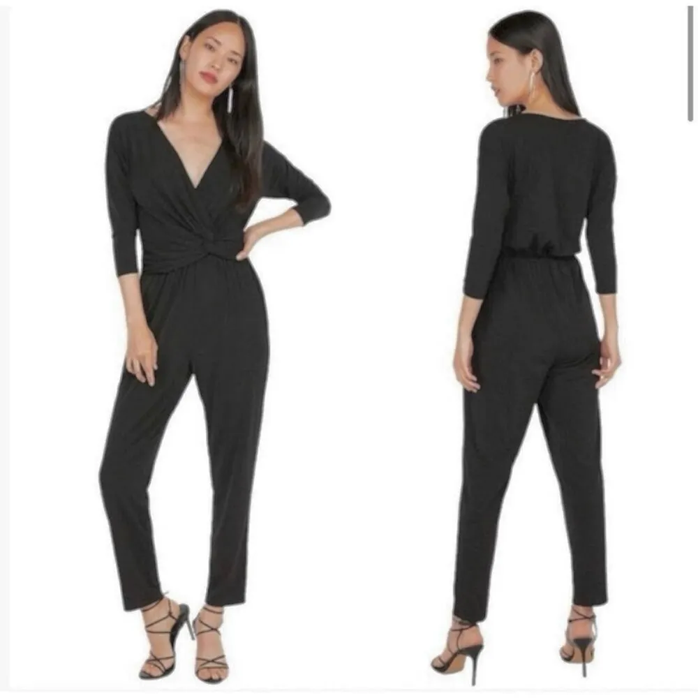 Express Jumpsuit Ankle Cropped Twist Waist Knit S Black V-Neck Party Stretch - Image 2