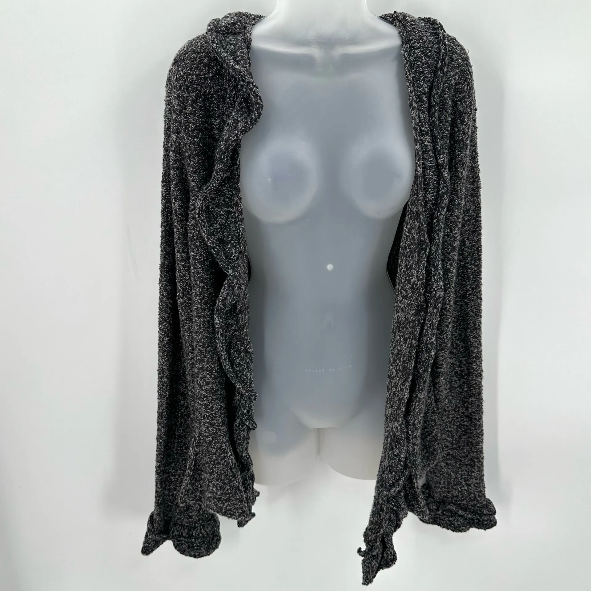 Madison Cardigan Ruffle Front Sweater Womens L Black Gray Marled 2 - Image 2
