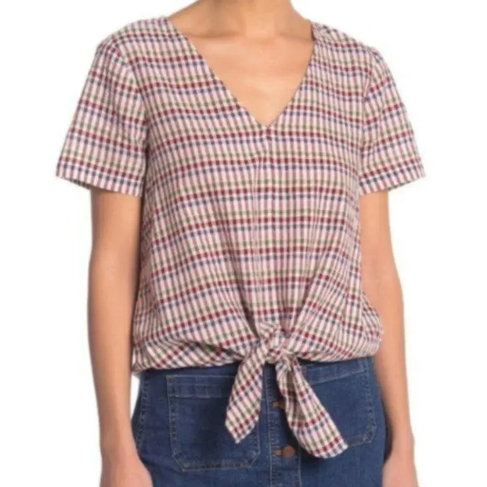 Madewell Novel Tie Front Blouse Blossom Deep Crimson Gingham - Image 3
