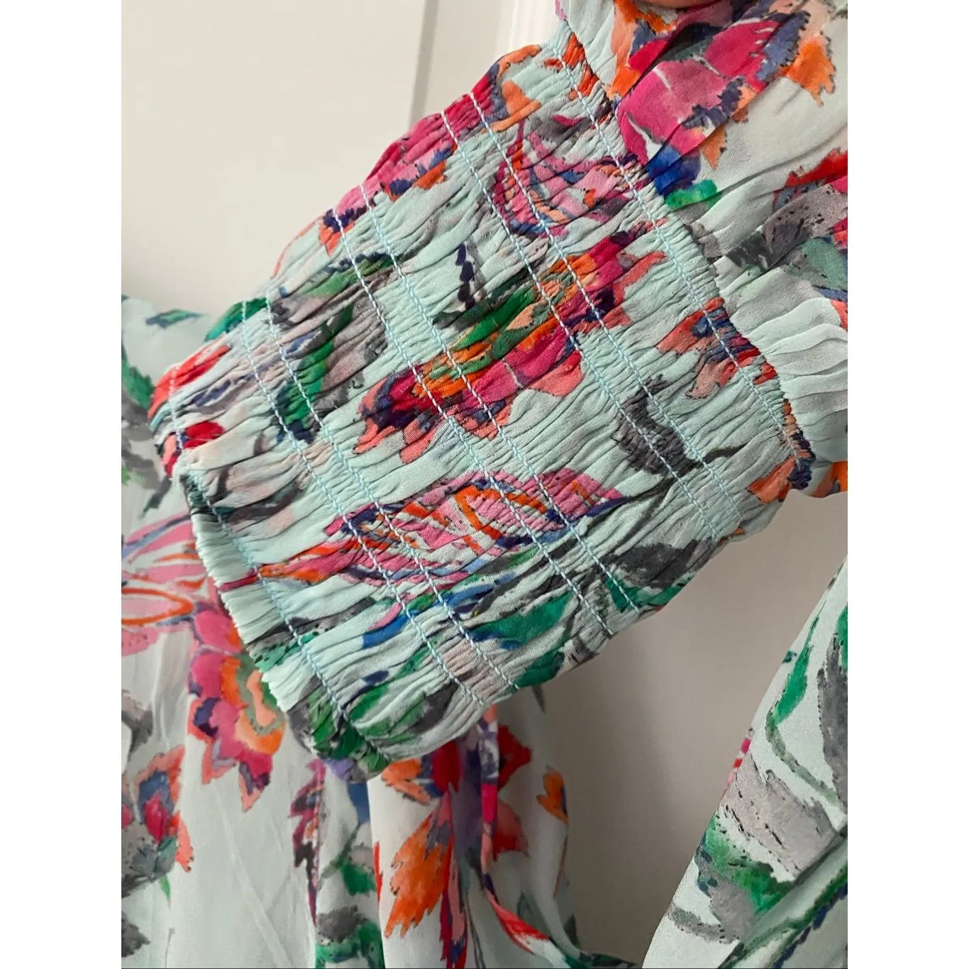 APNY Woven Floral Print Mock Neck Long Sleeve Blouse Sz XL Blue - Image 7