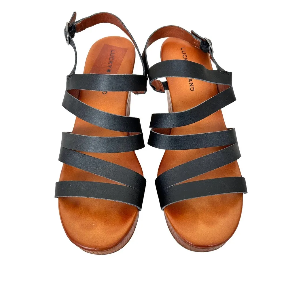 Lucky Brand Marina Black Leather Strappy Wood Wedges Sz 9.5 - Image 3