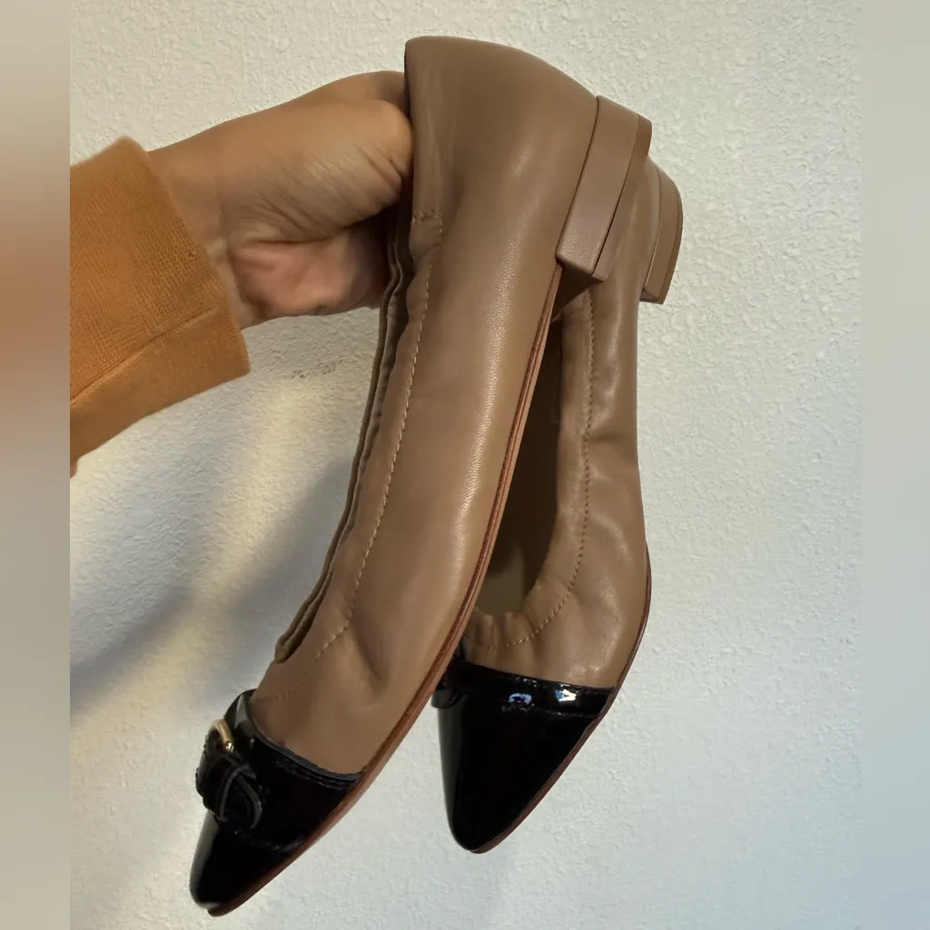 AGL Pointed Toe Flats | Beige Leather & Black Patent Cap Toe | Made in Italy Tan Size 7.5 - Image 4