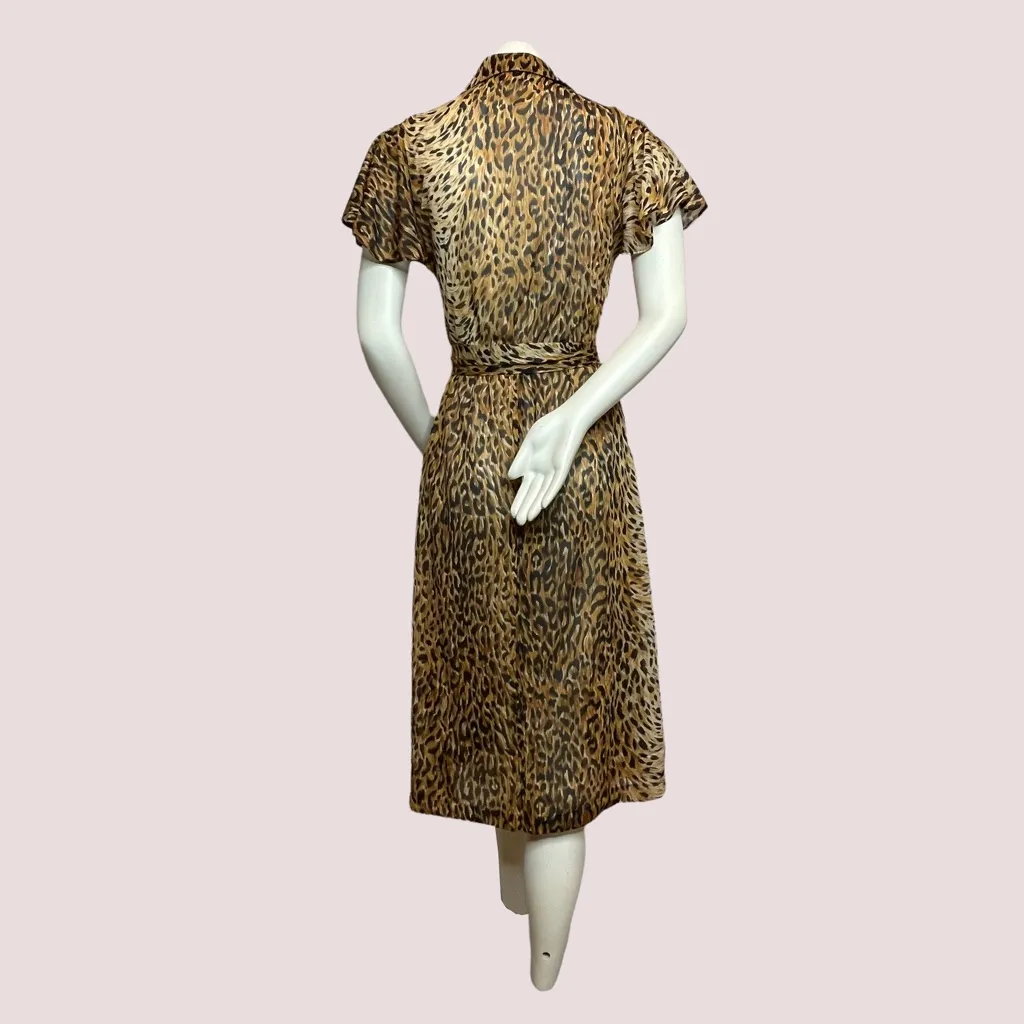 Vintage Sheer Leopard Print Dress Flutter‎ Sleeves Animal Jungle 80s Collar Midi Size XS - Image 11