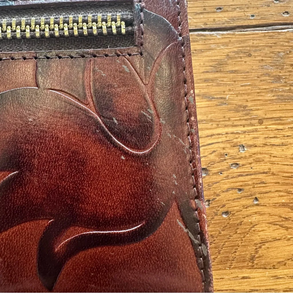 Valentina Embossed Leather Zip Around Wallet with a Leaf Motif Pattern in Brown - Image 4