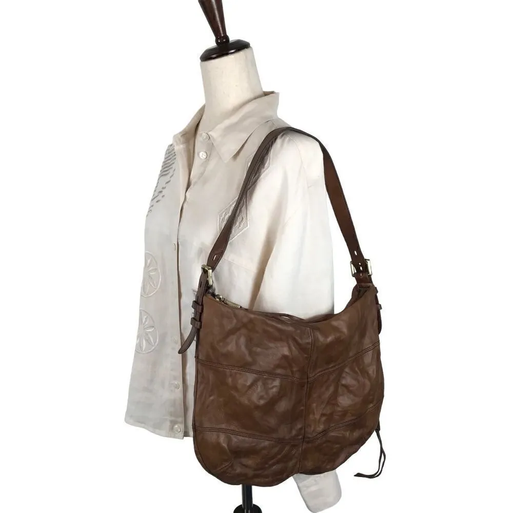 Hobo International Brand Camel Leather Shoulder Bag with Blue Floral Liner Brown - Image 2