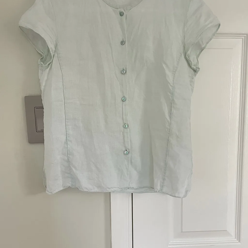 Eileen Fisher 100% Irish Linen Button Down Shirt Size XS Mint Green Coastal - Image 3