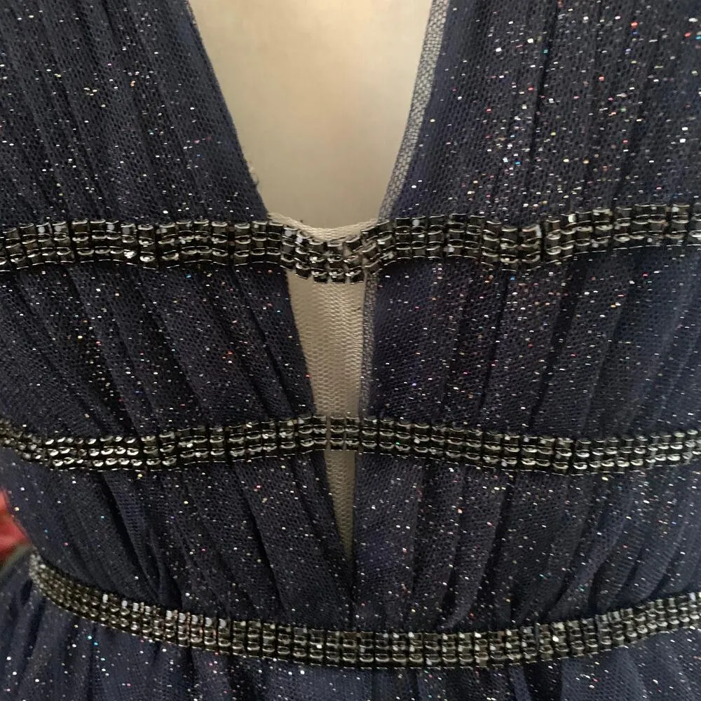 Mac Duggal Glitter Rhinestone Tulle Mini Dress in Midnight Blue - Image 5