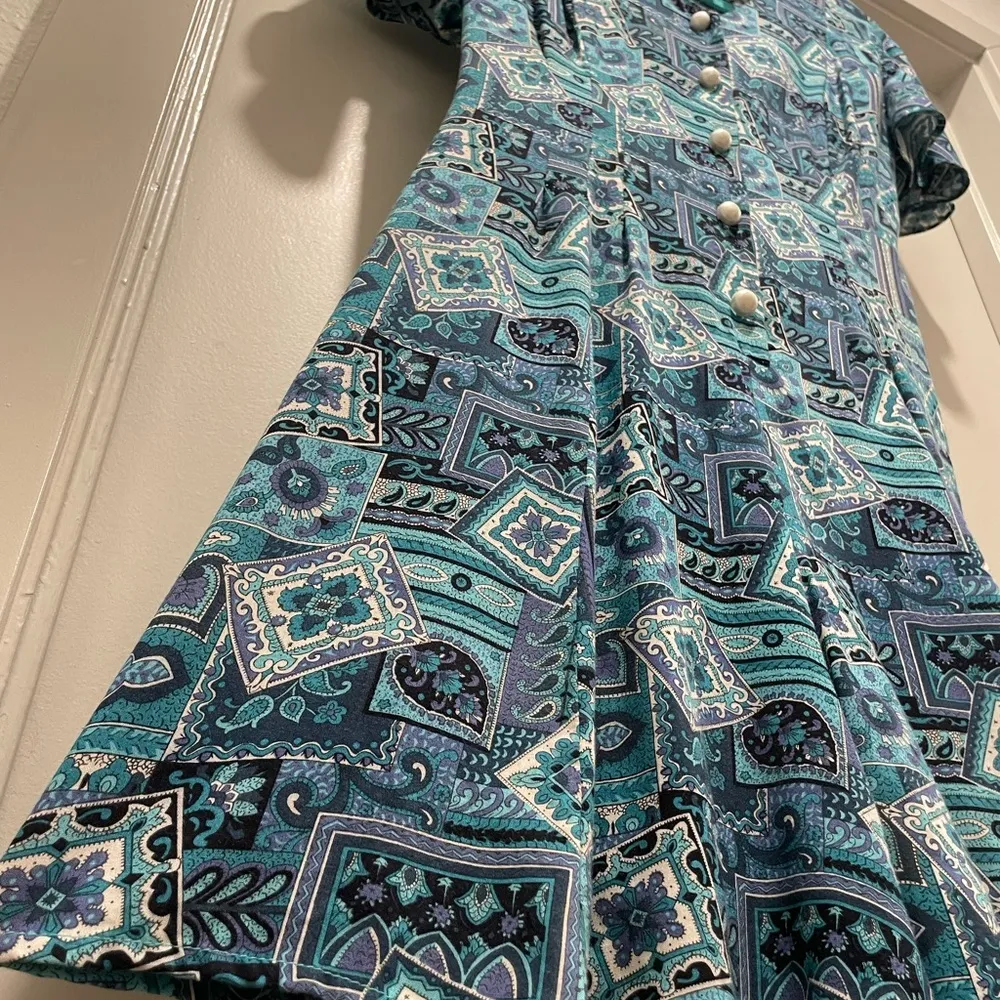 VTG 80s 90s Caroline Wells Collection Blue & Purple Paisley Button-Down Romper - Image 8