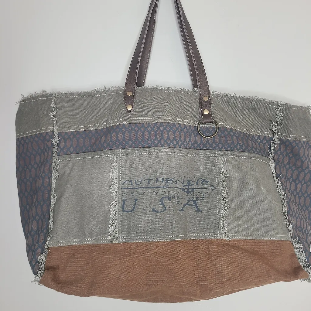 Myra Beehive Print Canvas‎ Handmade Large Weekender Bag Tote Boho Green - Image 2