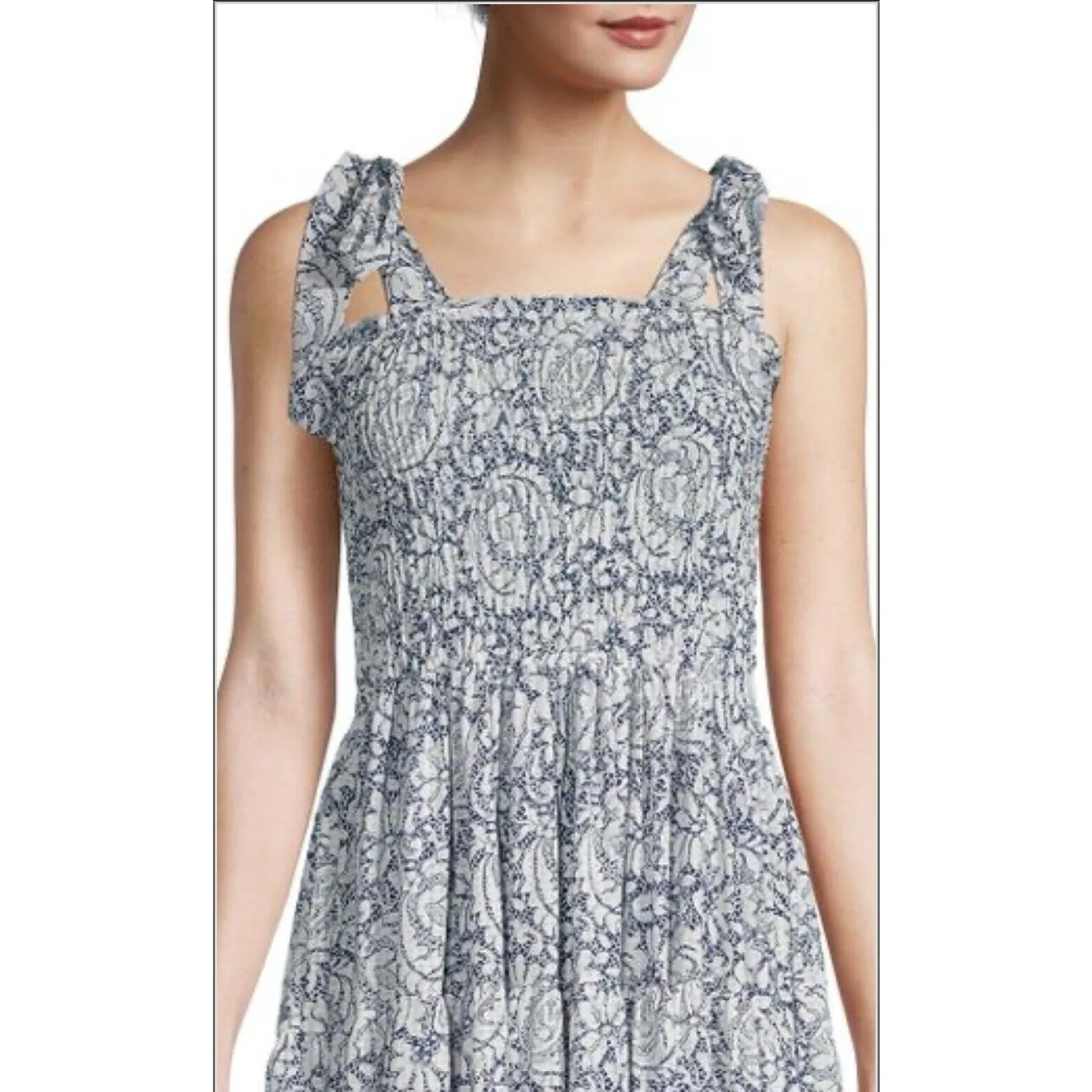 AVANTLOOK Anthropologie Floral Print Smoked Dress Midi Blue Size Small - Image 3