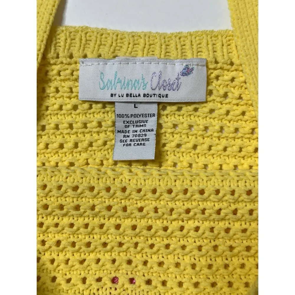 Yellow/Pink Flower Crochet Cropped Tank Top Sz L Women - Image 6