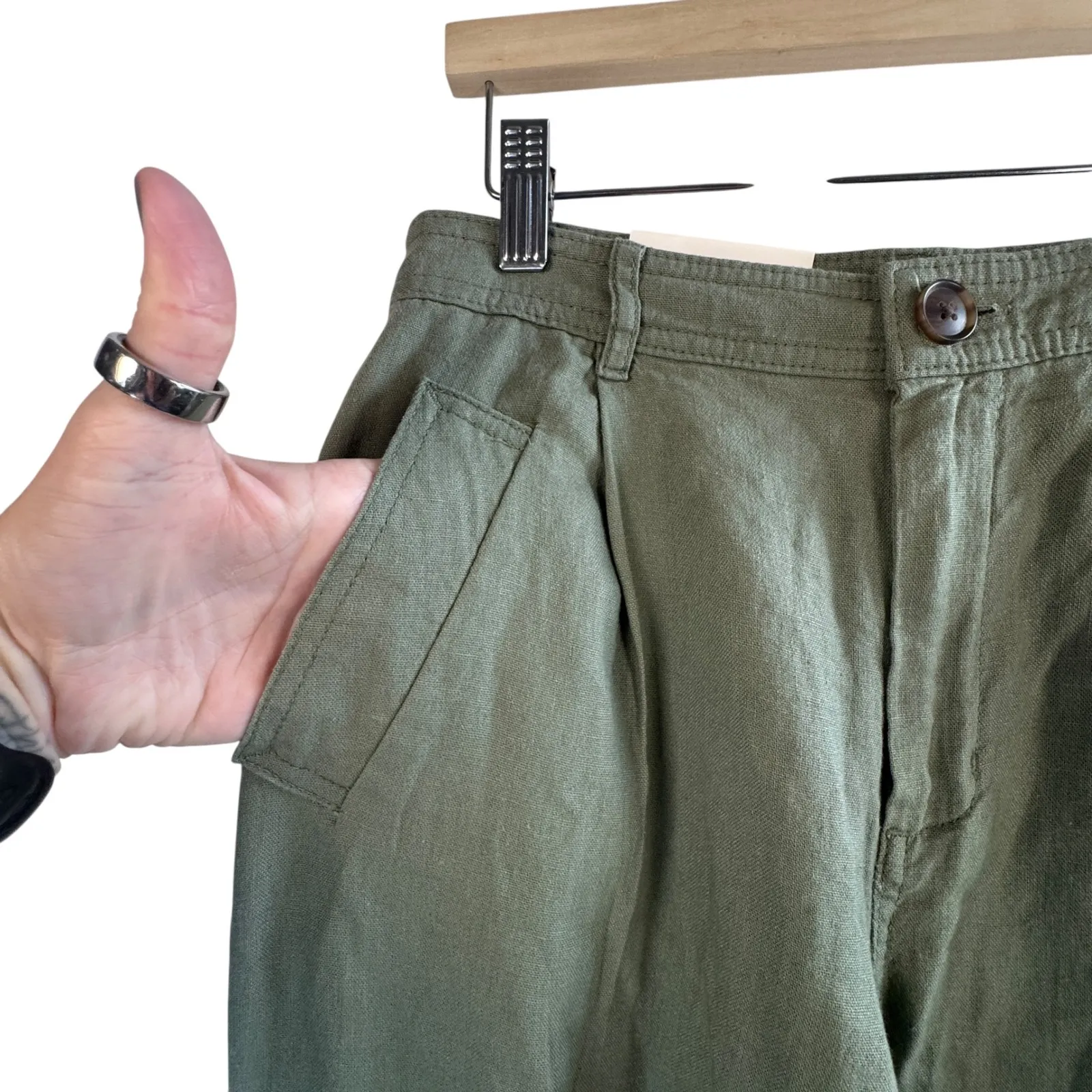 Womens 4R Olive Green Linen Blend Cargo Pants High Rise‎ Straight Ankle Utility - Image 12