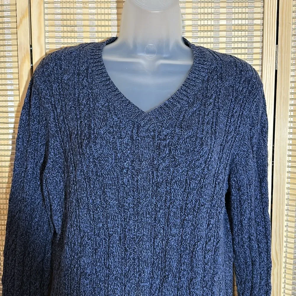 Croft & Barrow Vintage Y2K Marbled Blue Cable Knit Vneck Cotton Sweater Large - Image 7