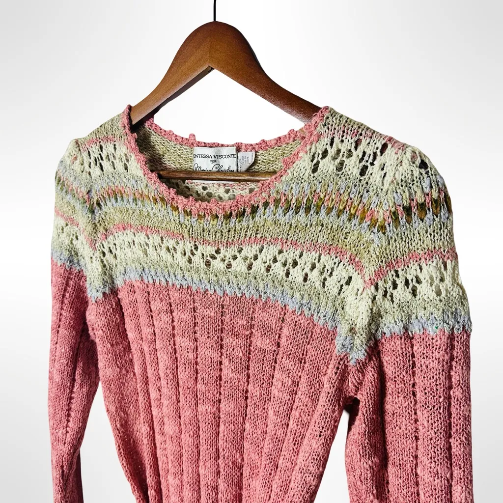 Vintage Pink Fair Isle Knit Sweater Dress Medium Tie Waist Cottagecore - Image 3