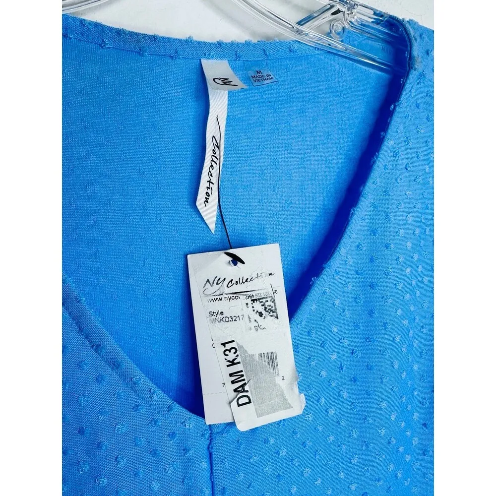 NY Collection Swiss Dot Dress Medium Blue V-Neck Empire Waist Bell Sleeve NWT - Image 5