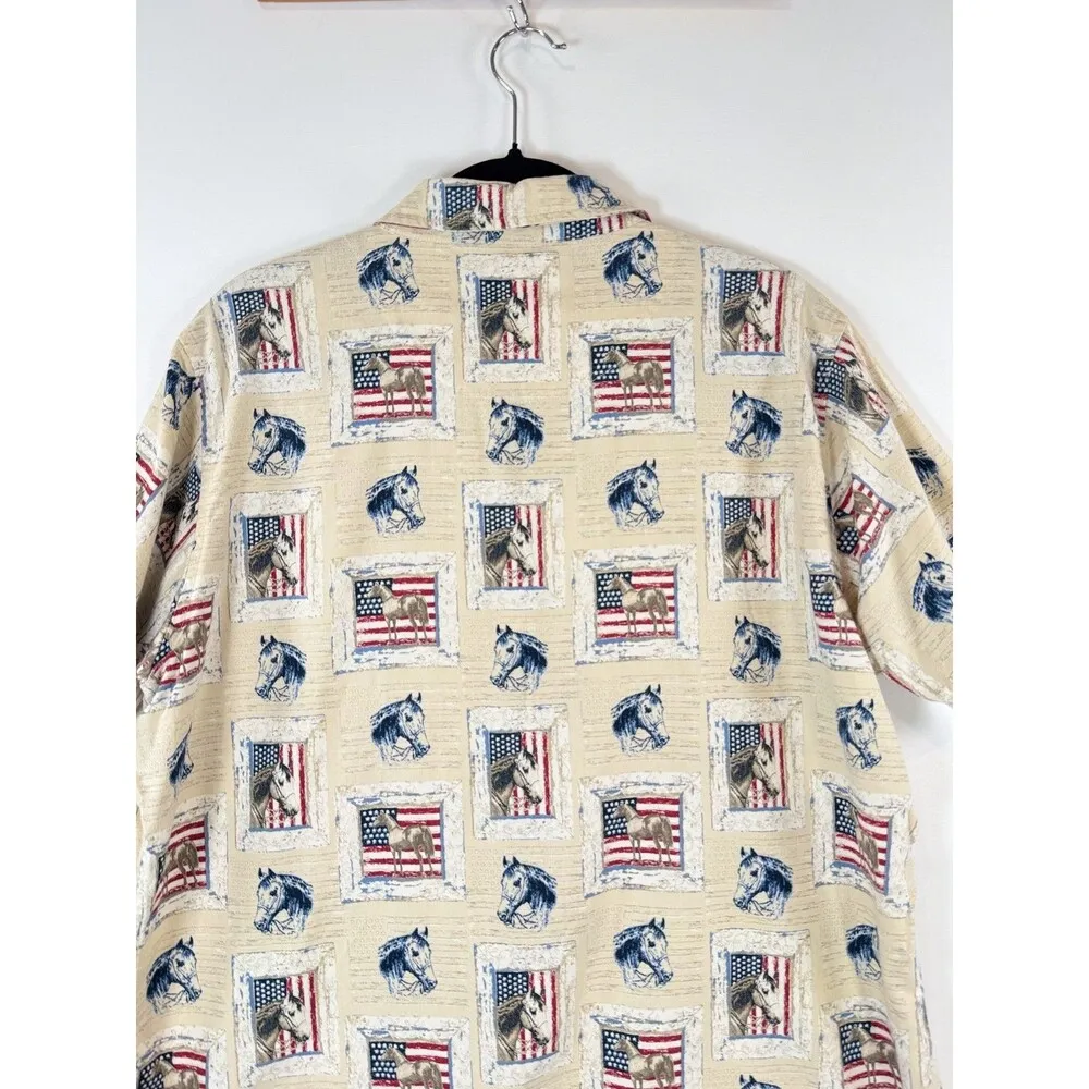 Bit & Bridle Womens Shirt Beige Button Up Horse USA Flag Equestrian Western 2XL Tan Size XXL - Image 9