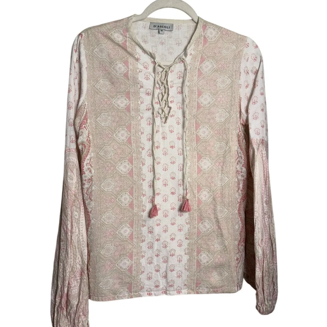 D’ascoli Clarita Long Sleeve Boho Cotton Top Cream Pink Women’s Size M Size M - Image 2