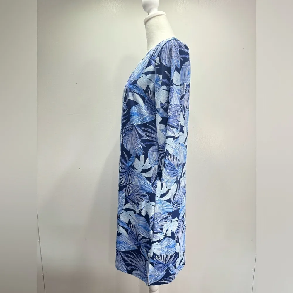 Caribbean Joe Blue Tropical Leaves 3/4 Sleeve Beachy Vacation Dress Size Small - Image 5
