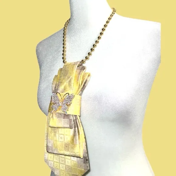 “Dainty Dapper” Gold Patterned Necktie necklace with butterfly attached Yellow - Image 4
