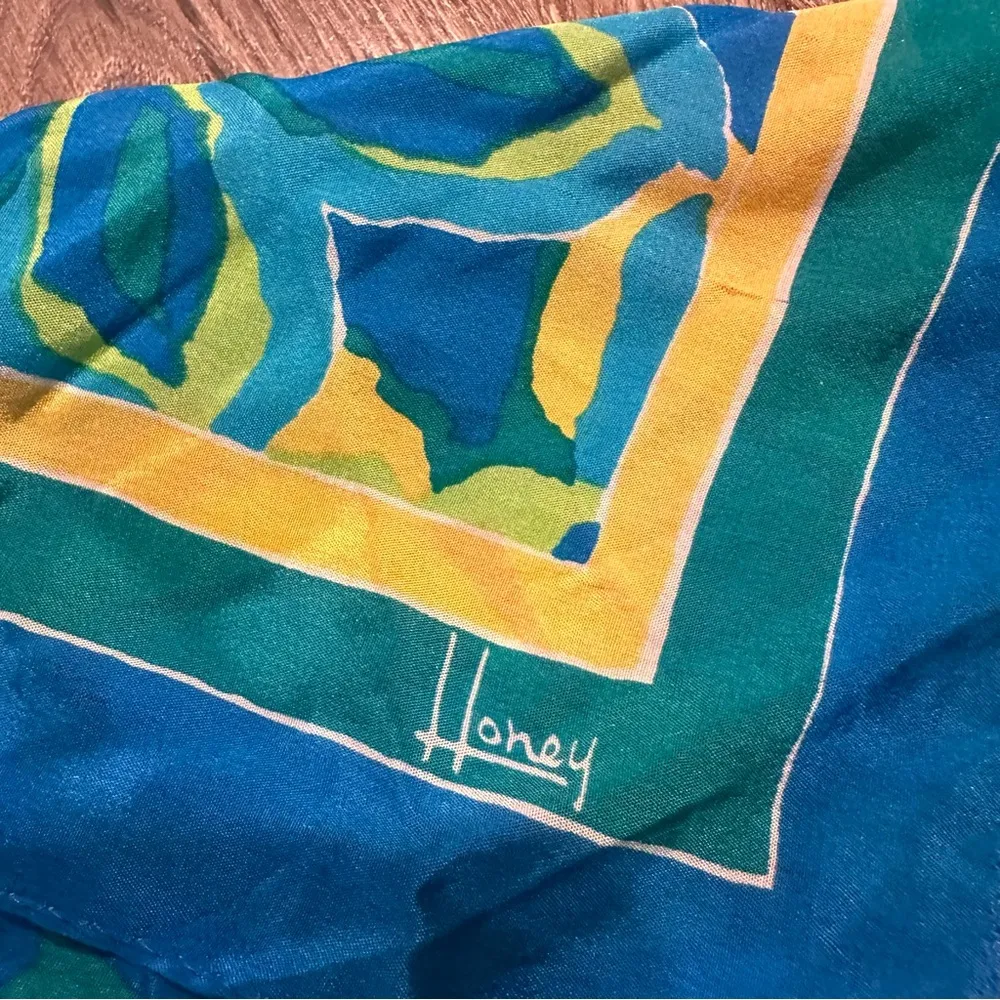 Vtg HONEY Bright Multicolor Floral Silk SIGNED SCARF Japan Preppy Career Spring Blue - Image 6