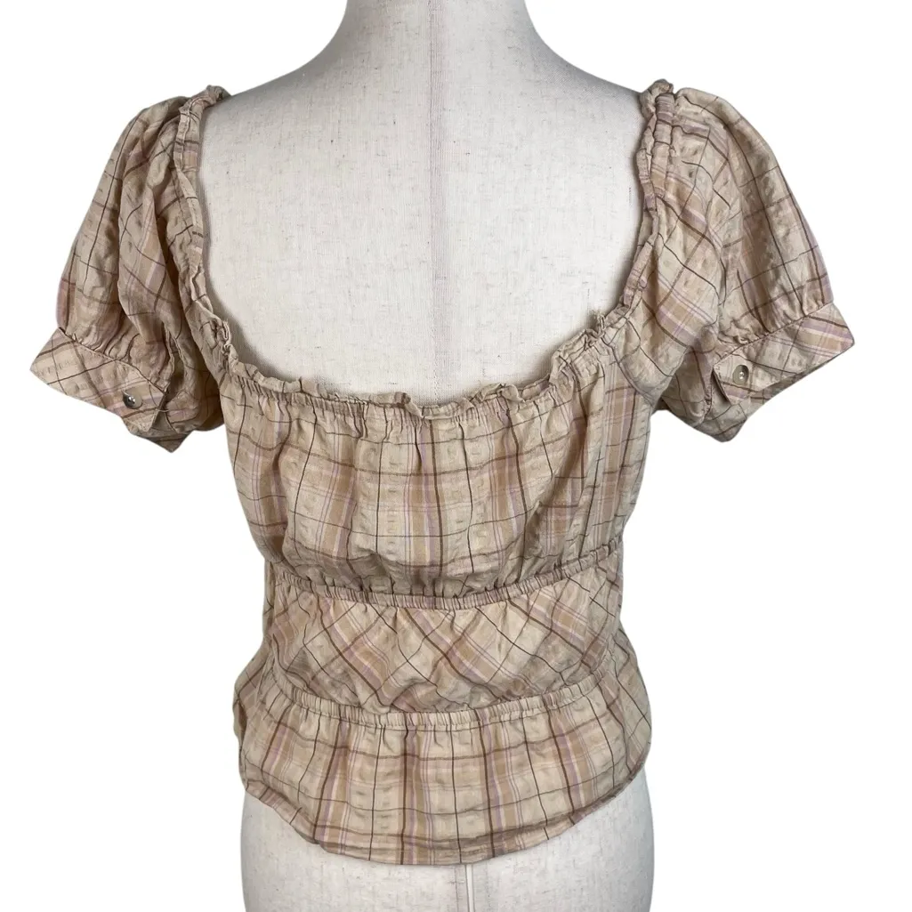 Sim & Sam Puff Sleeve Smocked Top Tan Plaid Size XS Cotton Milkmaid Cottagecore - Image 11