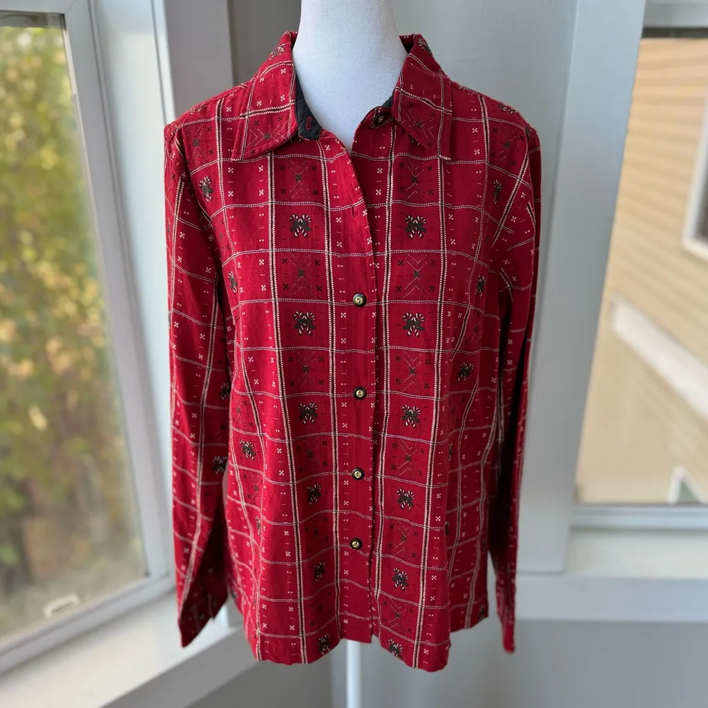 Vintage 90s Krazy Kat Red Plaid Metallic Christmas Woven Button Down Shirt Sz L Size L - Image 9