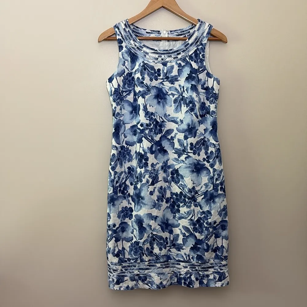 Charter Club 100% Linen Dress Sleeveless Blue Floral Costal Cottage Size 6 - Image 2