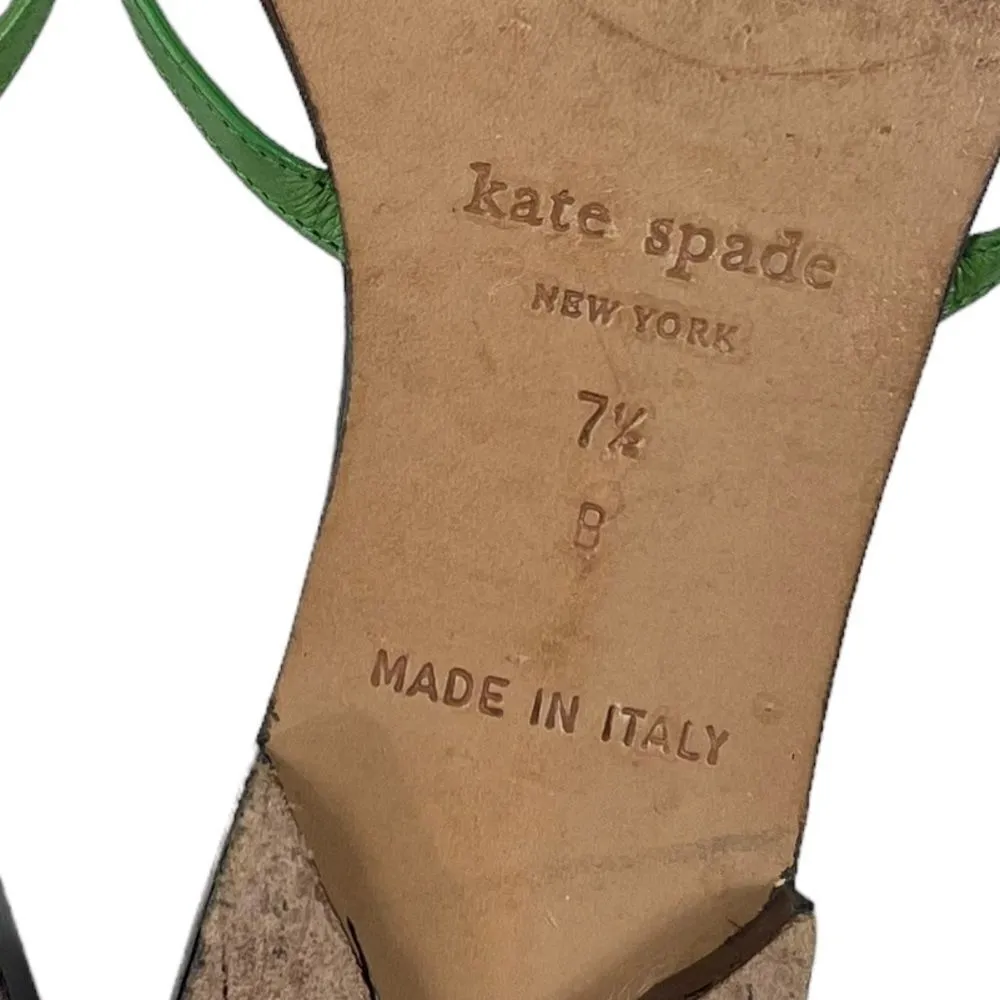 Kate Spade Green Leather Flat Sandals with wooden center ornament. - Image 10