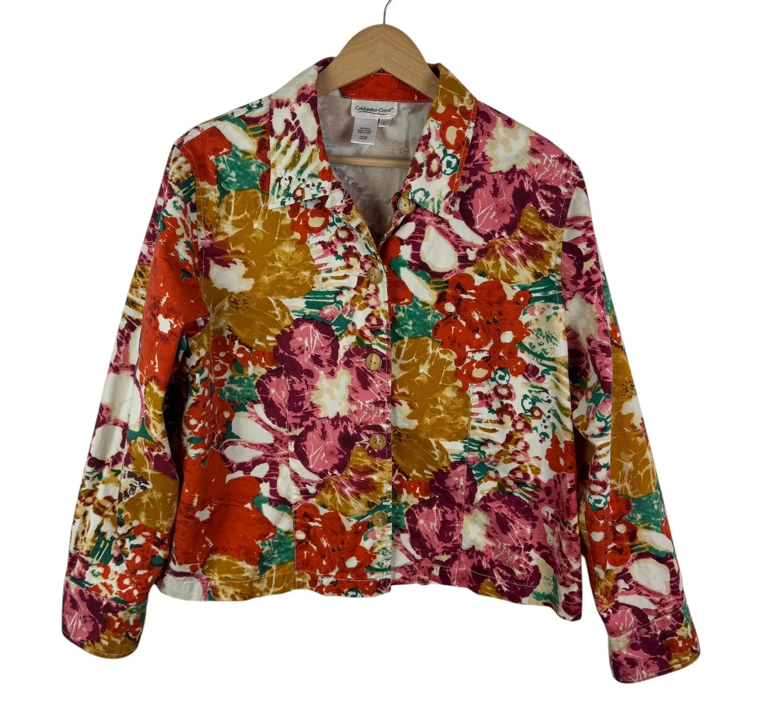 Coldwater Creek Floral Button Front Jacket Large Colorful Boho Cotton Artsy - Image 1