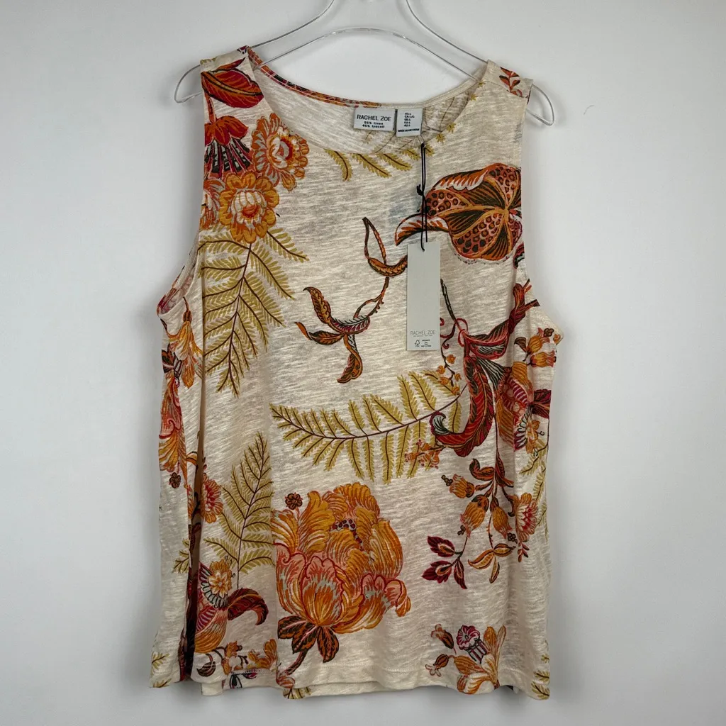 Rachel Zoe Linen Floral Leaf 2 Piece Set Tank Wide Leg Pants Rope Belt Large NWT - Image 2