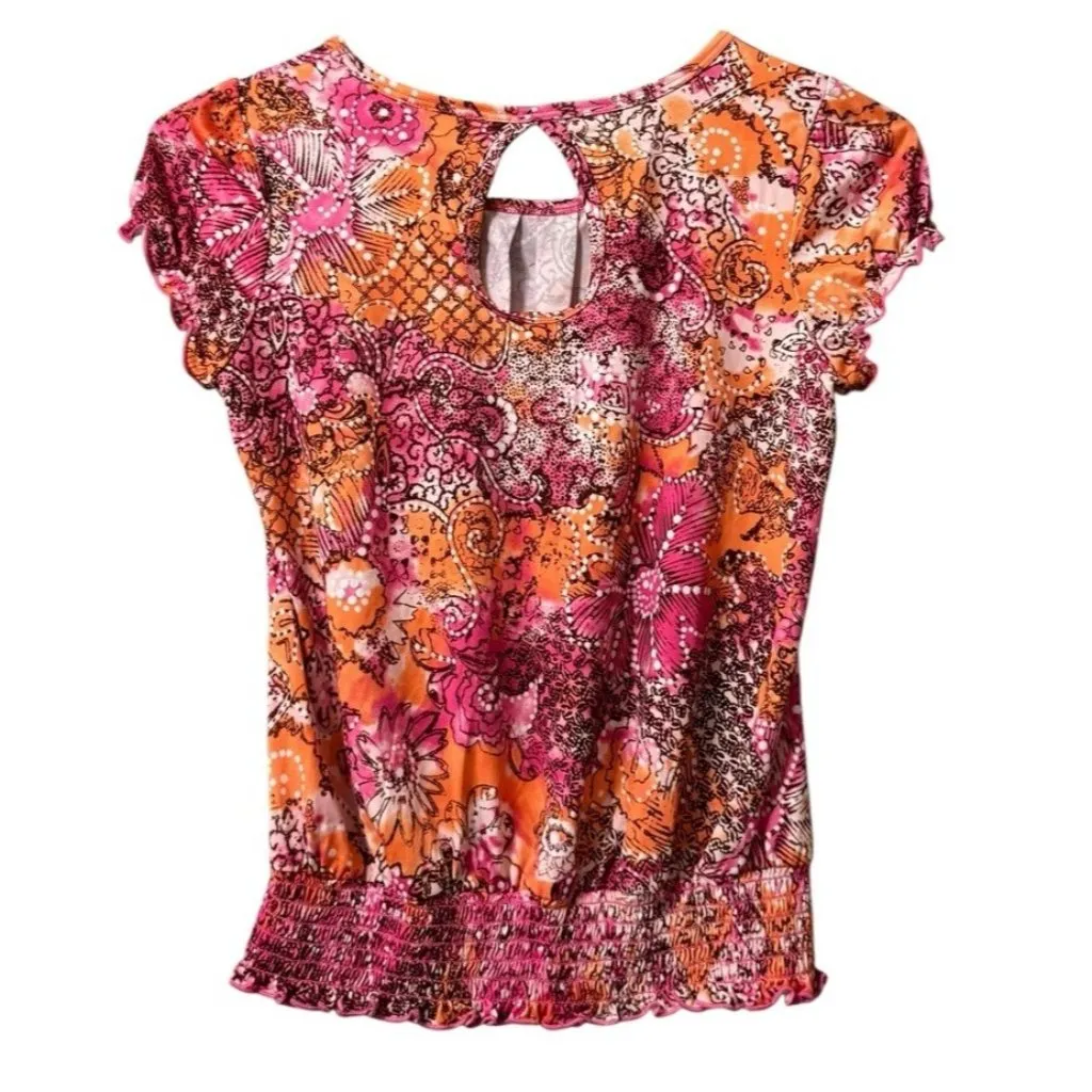 byer Girl Women Short Sleeve Top Size Large Elastic Floral Colorful Hippie Retro - Image 2