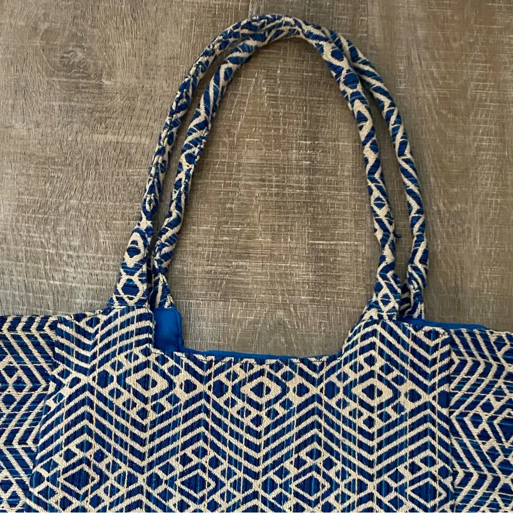 Aztec Woven Tote Bag Tapestry Weave Tribal Boho Design Blue Large Beachy Travel - Image 5