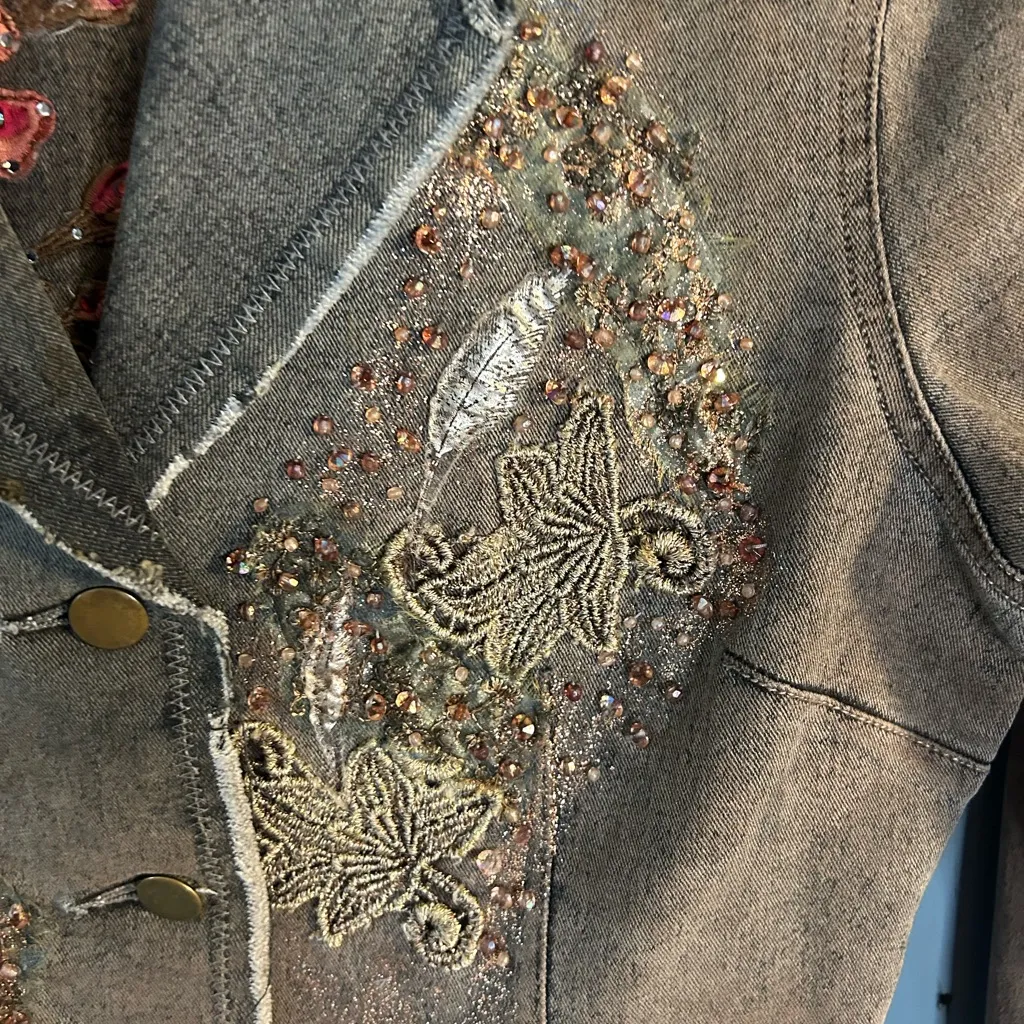 Jones New York Floral Embroidered Jean Jacket - Black & Grey - Image 3