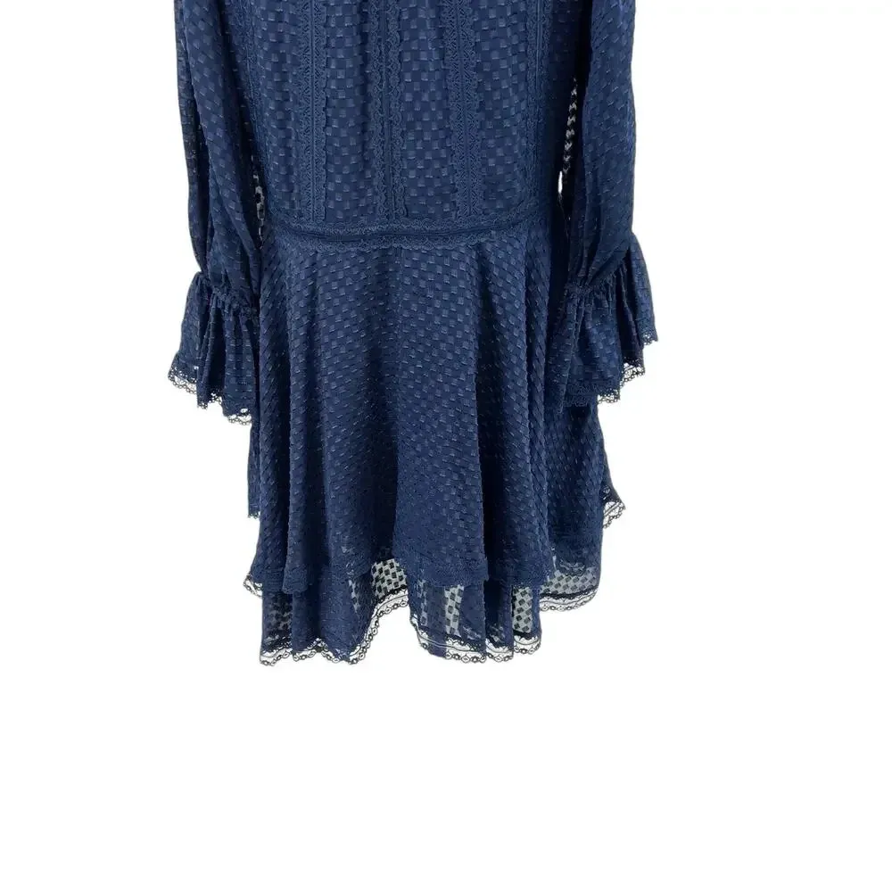 Alice + Olivia Joanne Mini Dress Lace Trim Ruffle Tiered 3/4 Sleeve Blue Size 2‎ - Image 13