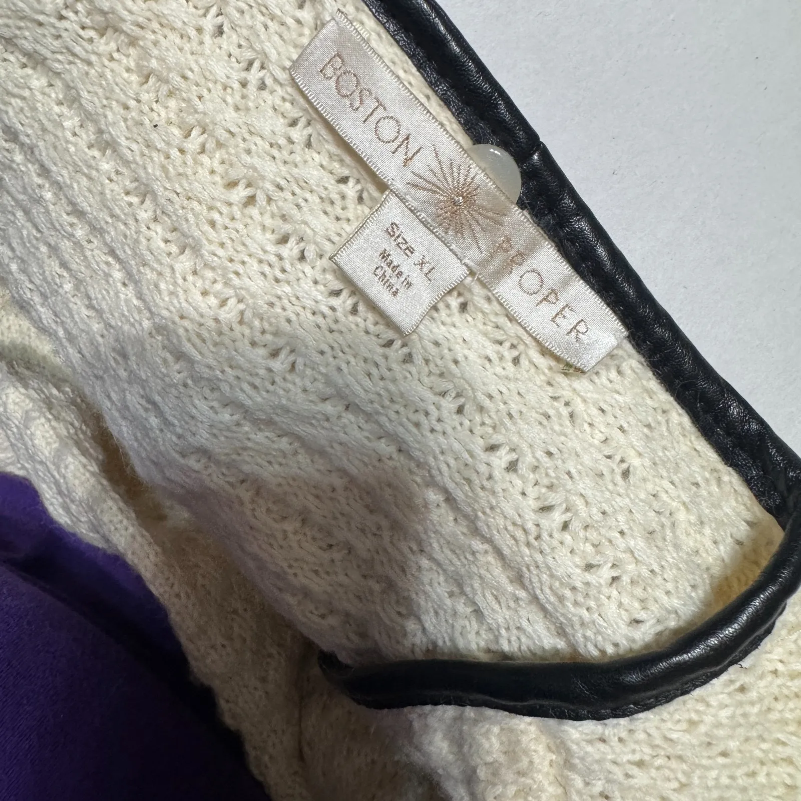 Boston Proper XL Sweater Coat Cardigan Wool blend cream leather trim pockets - Image 6