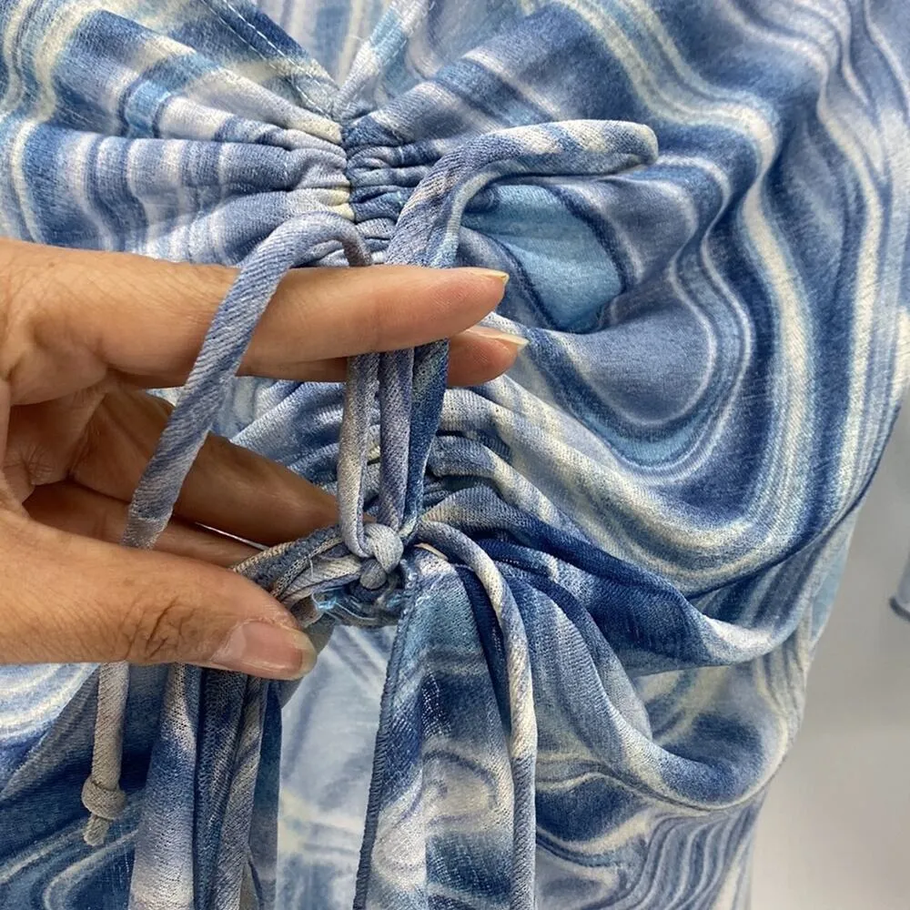 Retro Y2K marbled semi sheer adjustable top flowy sleeves form fitting sz S Blue - Image 5