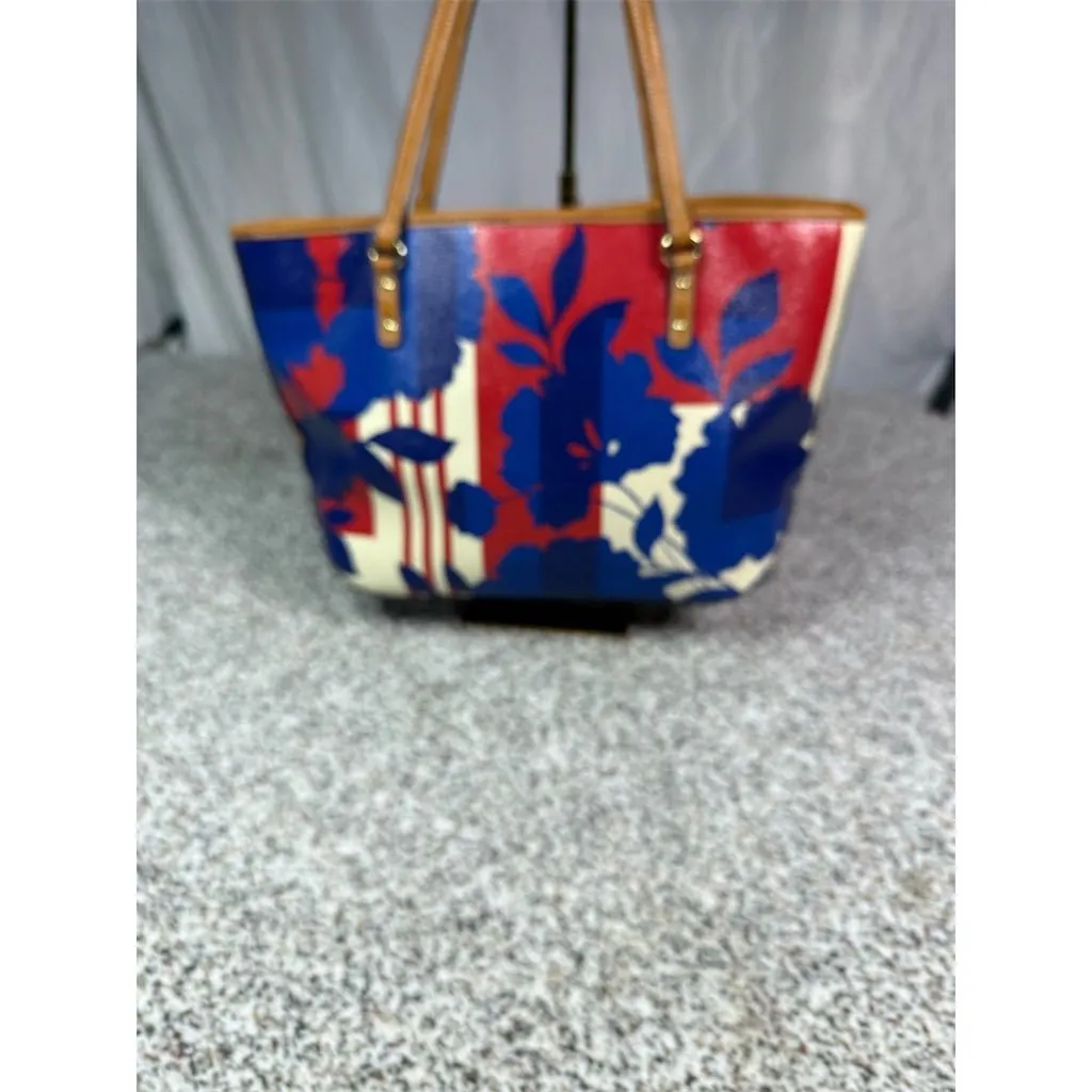 Nine West Women's Floral Tote Bag Red White Blue Brown Accents - Image 2