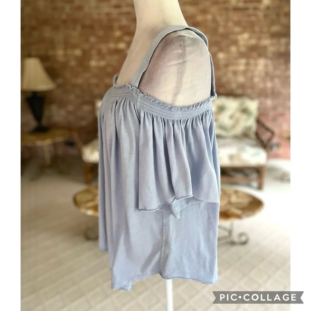 We The Free Top Blue Knit Cold Shoulder Short Sleeve high Low L Boho Casual Chic - Image 9