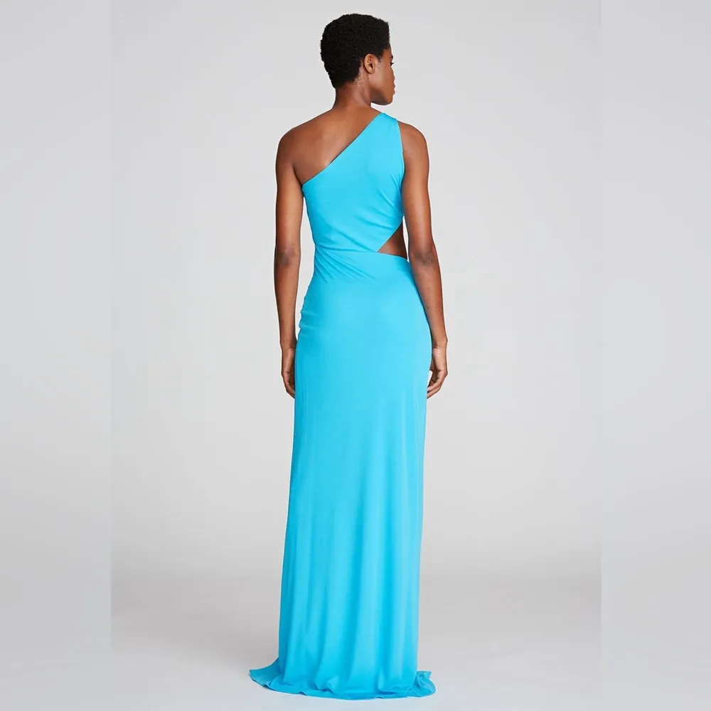 Halston Ivanna Gathered Asymmetric Cut-Out Gown, Aqua/Blue Size 4 New w/Tag - Image 6